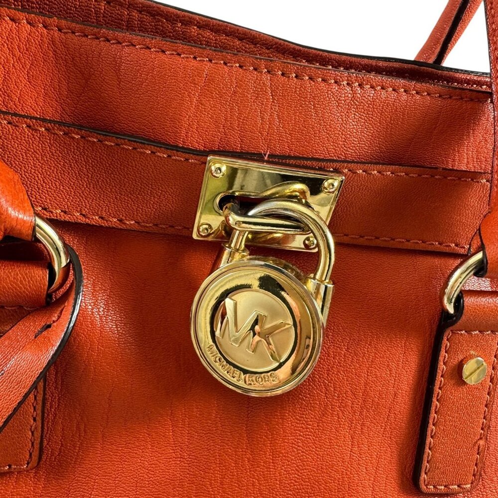 Michael Kors Large Hamilton Purse Hobo Bag North South Orange Leather Tote - Picture 4 of 9